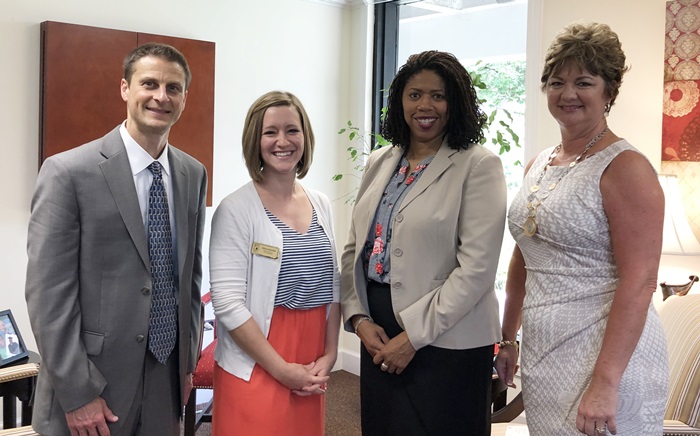 Left to right: Keith Epstein, Executive Vice President and CEO, Roxboro Savings Bank; Allison Satterfield, Executive Director, PCC Foundation; Dr. Pamela G. Senegal, President, Piedmont Community College; Jane Long, Senior Vice President and Chief Administrative Officer, Roxboro Savings Bank. 