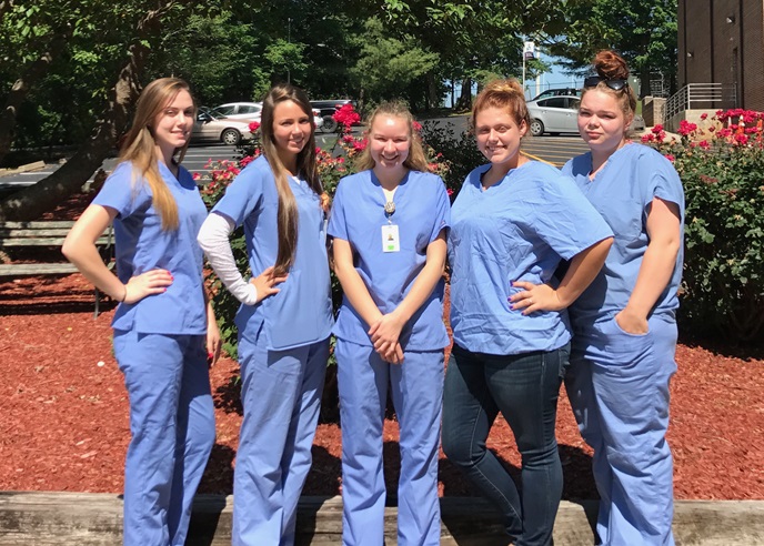 students in the Nurse Aide course offered through the Career and College Promise program at Bartlett Yancey High School: Pictured Left to Right: Shelby Martin, Casey Hodges, Rebecca Oakley, Kayla Edwards, and Brandy Long. Not Pictured: Tyree Foster