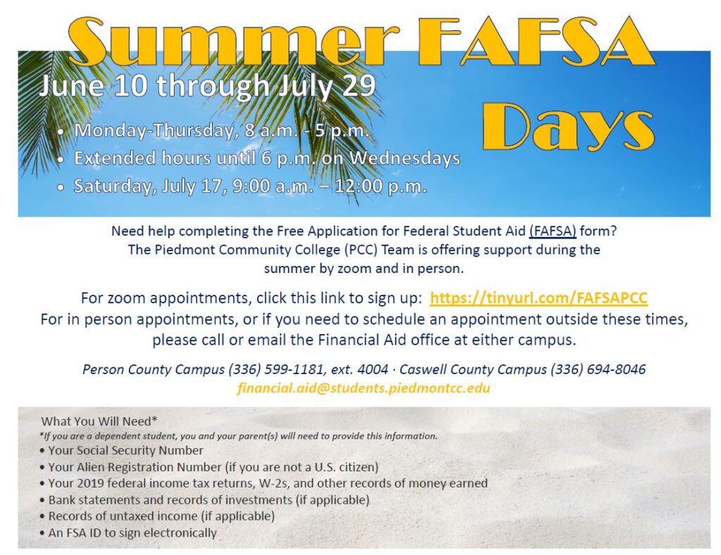 FAFSA Summer Days Piedmont Community College